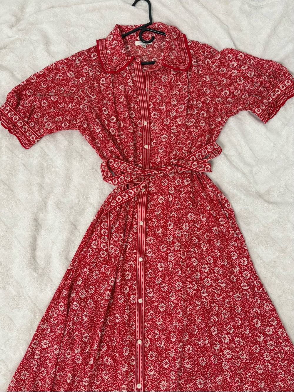 Red Floral Button-Front Shirt Long Dress with Tie Waist & Pockets